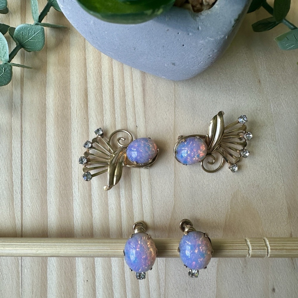 Van Dell 12K Gold Filled Pink Fire Opal Glass Crystal Earrings‎ w 2 Brooch Pins